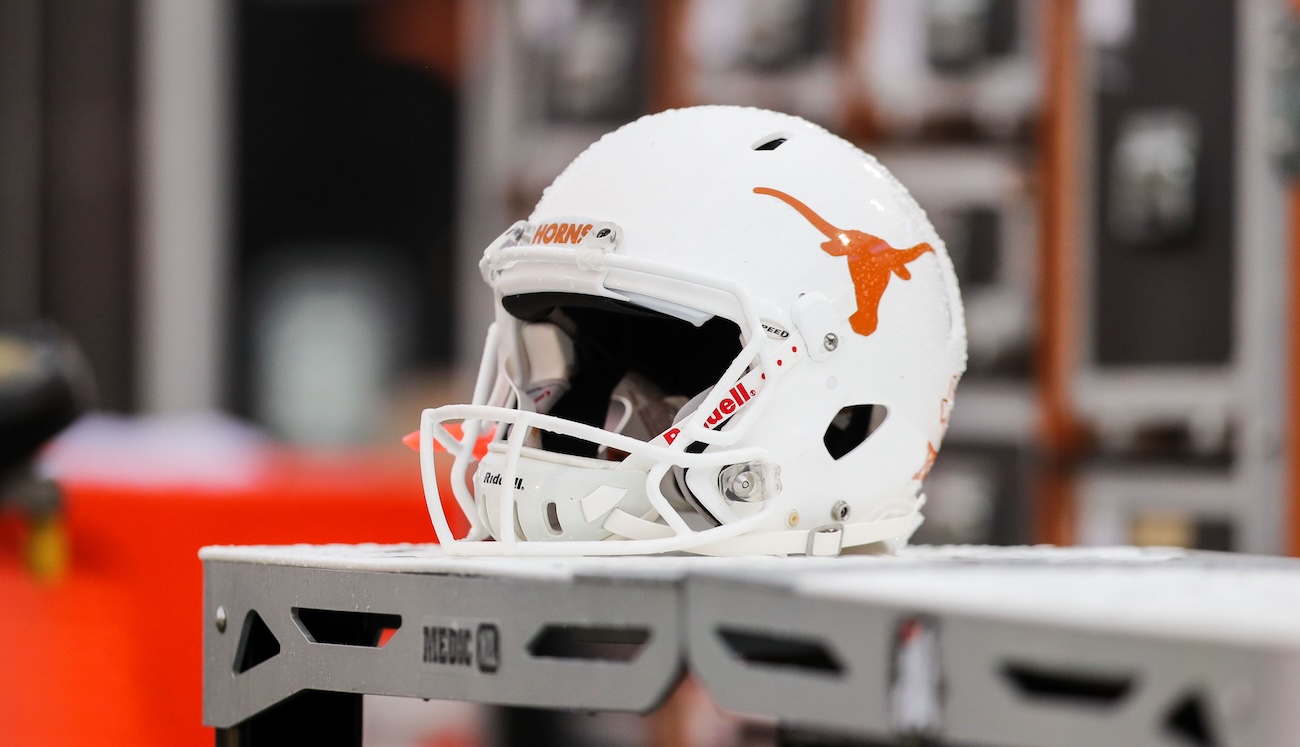 A close-up look at a Texas Longhorns football helmet.