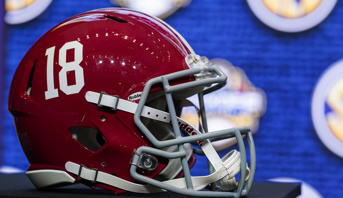An Alabama football helmet sits on a table during SEC Media Days in 2022.