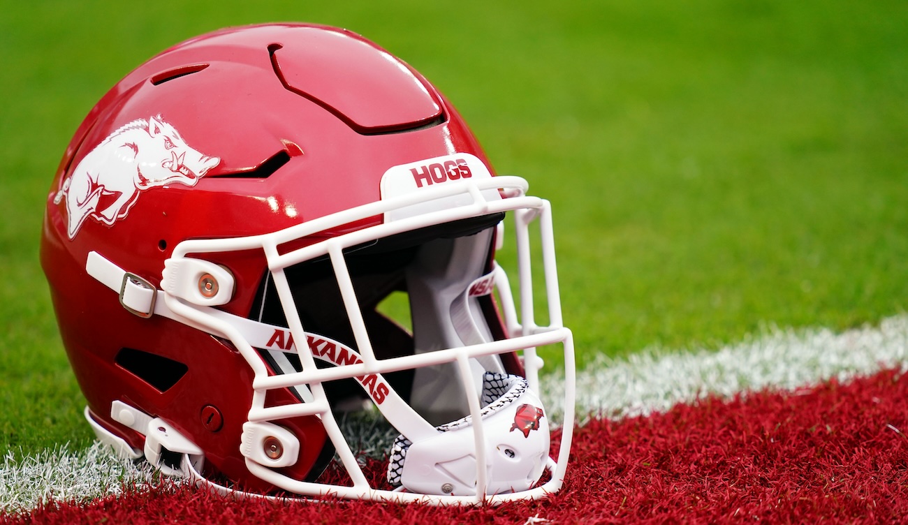 A close-up look at an Arkansas Razorbacks football helmet.